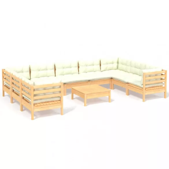 10 részes fenyőfa kerti ülőgarnitúra krémszínű párnákkal