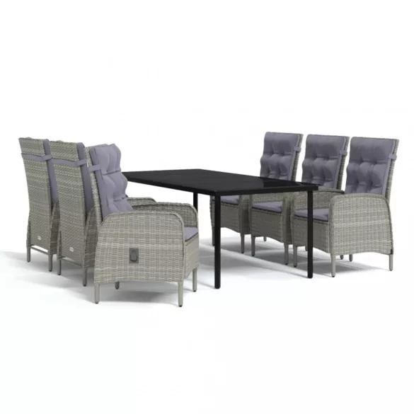 7 részes szürke és fekete kerti étkezőgarnitúra párnákkal