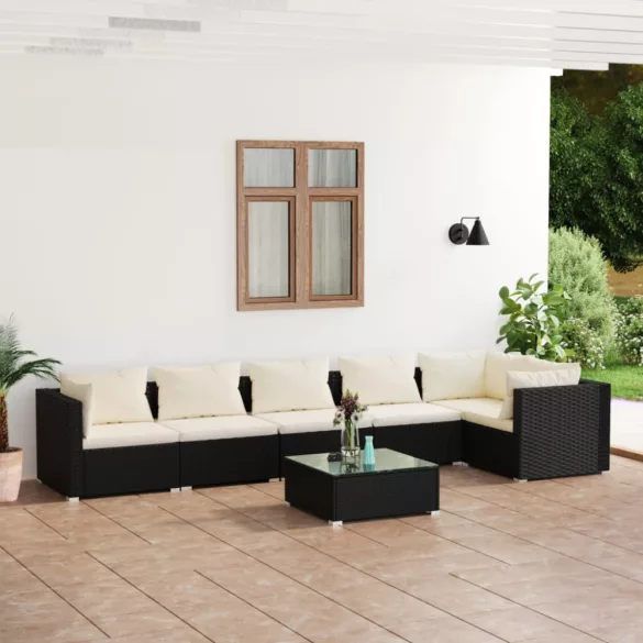 7 részes fekete polyrattan kerti ülőgarnitúra párnákkal