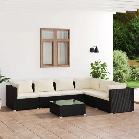 7 részes fekete polyrattan kerti ülőgarnitúra párnákkal