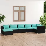7 részes fekete polyrattan kerti ülőgarnitúra párnákkal