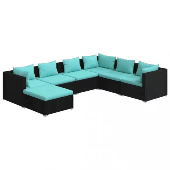 7 részes fekete polyrattan kerti ülőgarnitúra párnákkal