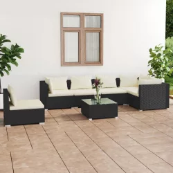   7 részes fekete polyrattan kerti ülőgarnitúra párnákkal