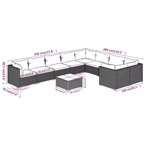 10 részes fekete polyrattan kerti ülőgarnitúra párnákkal