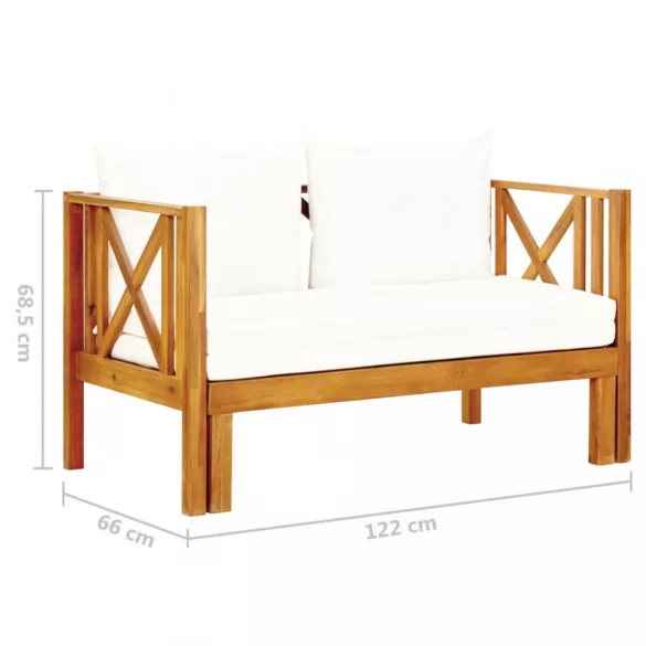 kétszemélyes tömör akácfa kerti pad párnákkal 122 cm