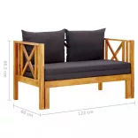 kétszemélyes tömör akácfa kerti pad párnákkal 122 cm