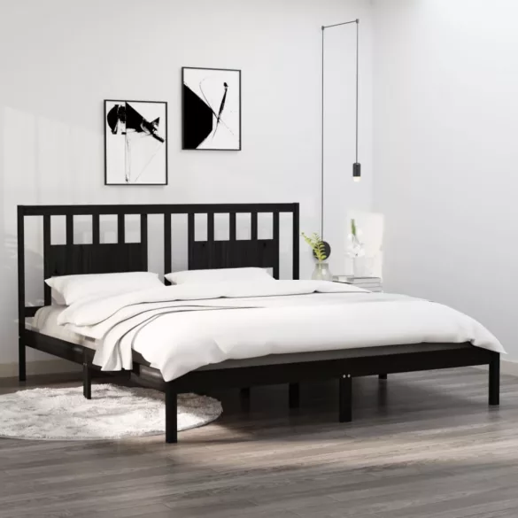 fekete tömör fenyőfa ágykeret 200 x 200 cm