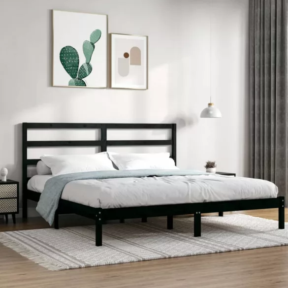 fekete tömör fenyőfa ágykeret 200 x 200 cm