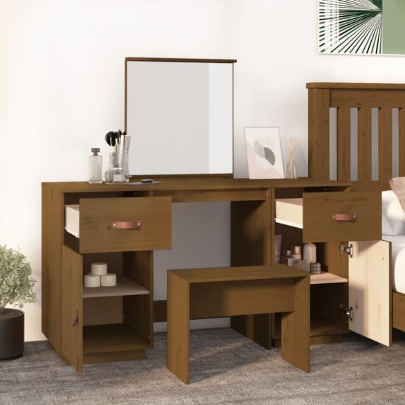 mézbarna tömör fenyőfa fésülködőasztal szett tükörrel