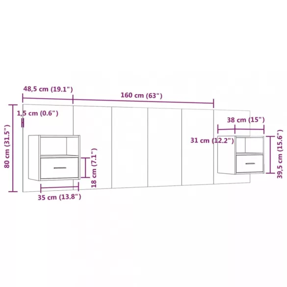 szürke sonoma színű szerelt fa ágyfejtámla szekrényekkel