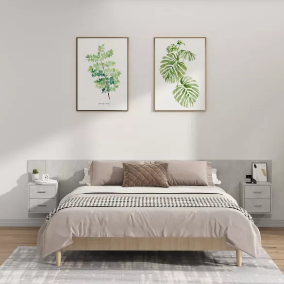 betonszürke szerelt fa ágyfejtámla szekrényekkel