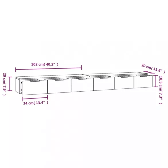 2 db szürke sonoma színű szerelt fa faliszekrény 102x30x20 cm