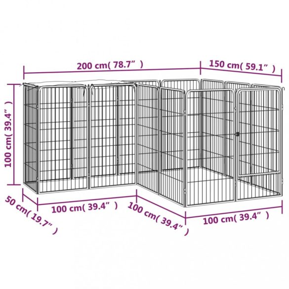 14 paneles fekete porszórt acél kutyakennel 50 x 100 cm