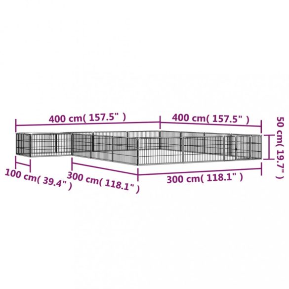 16-paneles fekete porszórt acél kutyakennel 100 x 50 cm