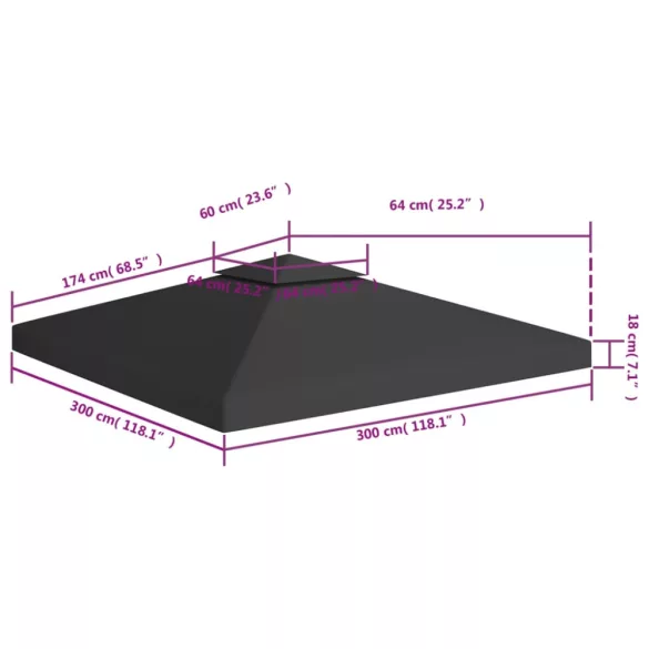 fekete kétszintes pavilon-tetőponyva 310 g/m² 3 x 3 m