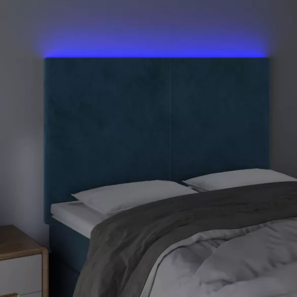 sötétkék bársony LED-es fejtámla 144x5x118/128 cm