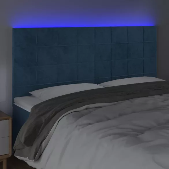 sötétkék bársony LED-es fejtámla 160x5x118/128 cm