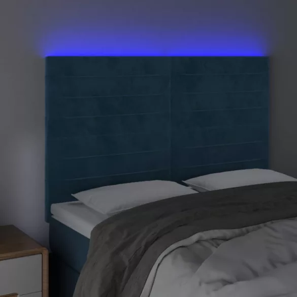 sötétkék bársony LED-es fejtámla 144x5x118/128 cm