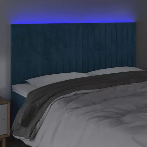 sötétkék bársony LED-es fejtámla 160x5x118/128 cm