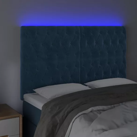 sötétkék bársony LED-es fejtámla 160x7x118/128 cm