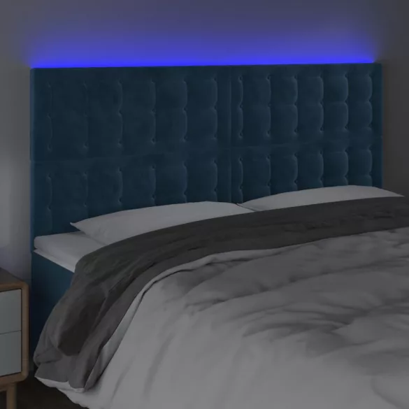 sötétkék bársony LED-es fejtámla 200x5x118/128 cm