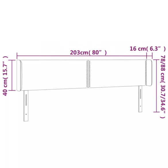 sötétszürke bársony LED-es fejtámla 203 x 16 x 78/88 cm