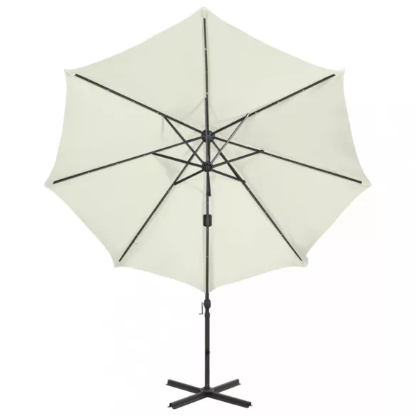 homokszínű konzolos napernyő rúddal és LED-fényekkel 250 cm