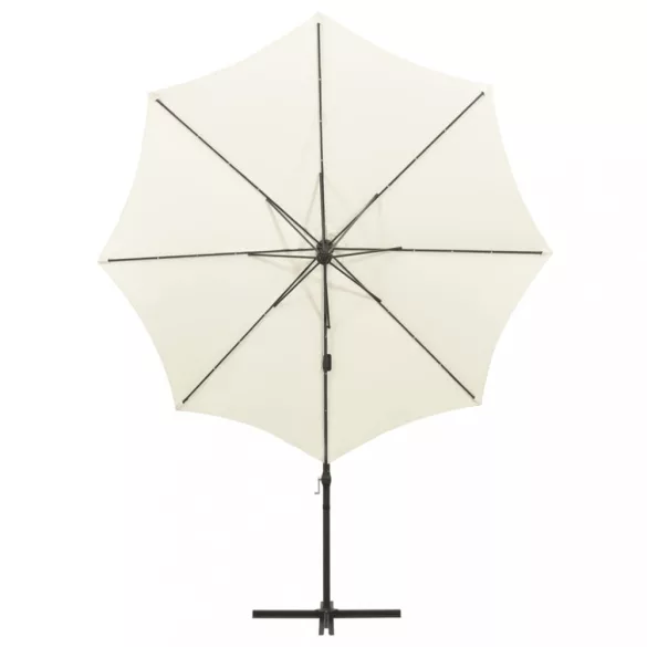 homokszínű konzolos napernyő rúddal és LED-fényekkel 300 cm