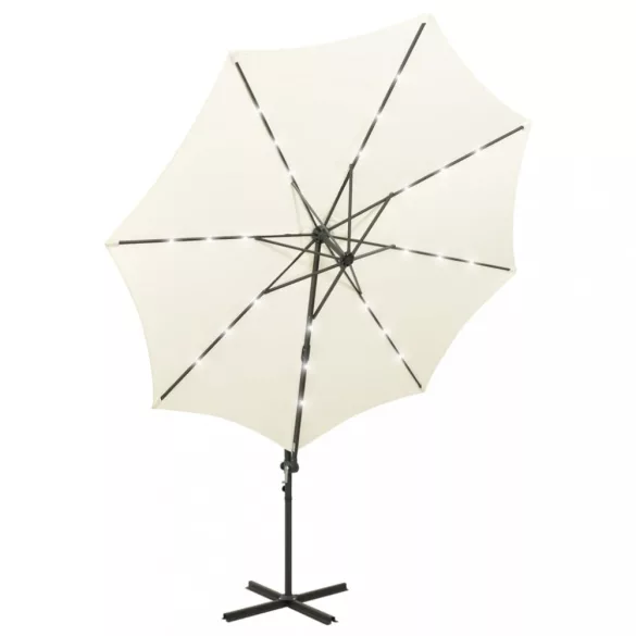 homokszínű konzolos napernyő rúddal és LED-fényekkel 300 cm