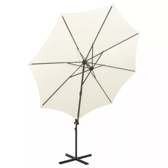 homokszínű konzolos napernyő rúddal és LED-fényekkel 300 cm