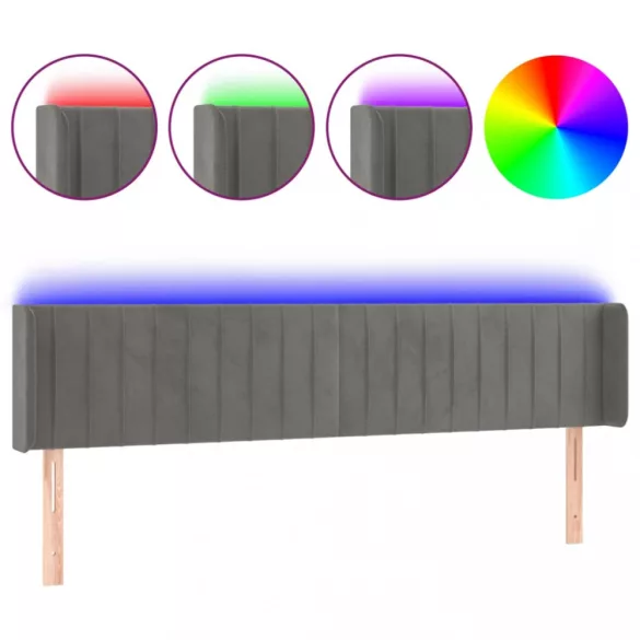 világosszürke bársony LED-es fejtámla 183 x 16 x 78/88 cm