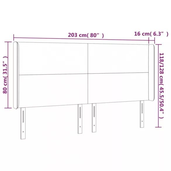 sötétszürke bársony LED-es fejtámla 203x16x118/128 cm