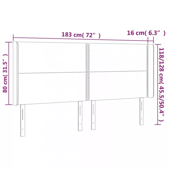 sötétszürke bársony LED-es fejtámla 183x16x118/128 cm