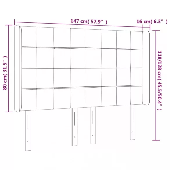 világosszürke bársony LED-es fejtámla 147x16x118/128 cm