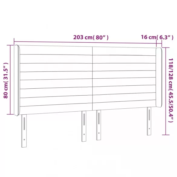 sötétszürke bársony LED-es fejtámla 203x16x118/128 cm