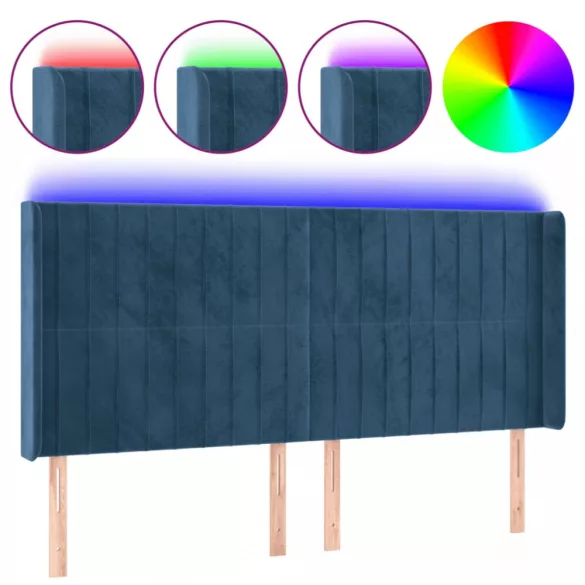 sötétkék bársony LED-es fejtámla 163x16x118/128 cm