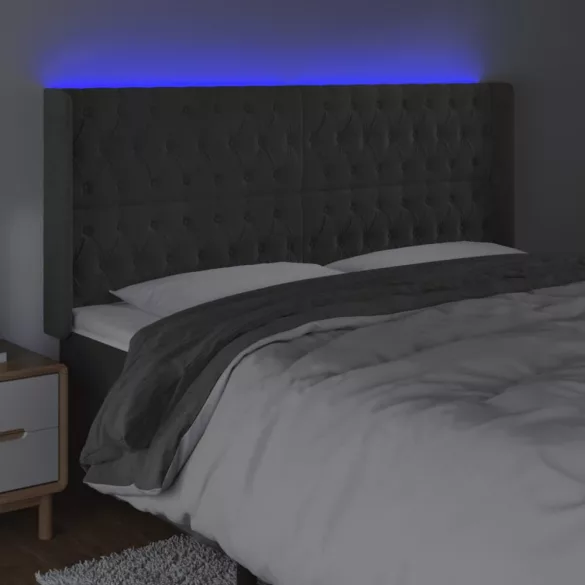 sötétszürke bársony LED-es fejtámla 203x16x118/128 cm