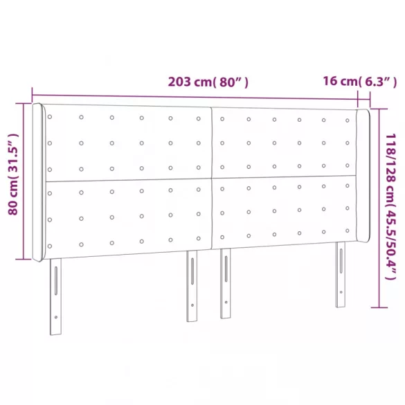sötétszürke bársony LED-es fejtámla 203x16x118/128 cm