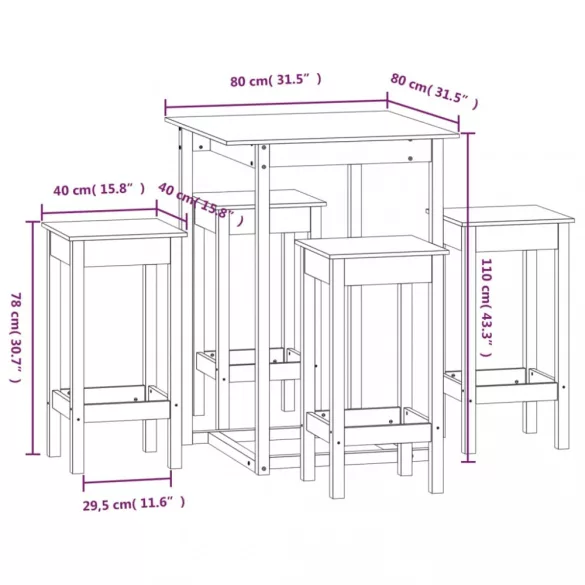 5 részes tömör fenyőfa bárszett