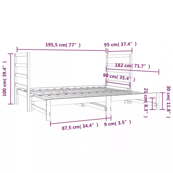 fehér tömör fenyőfa kihúzható kanapéágy 2x(90x190) cm