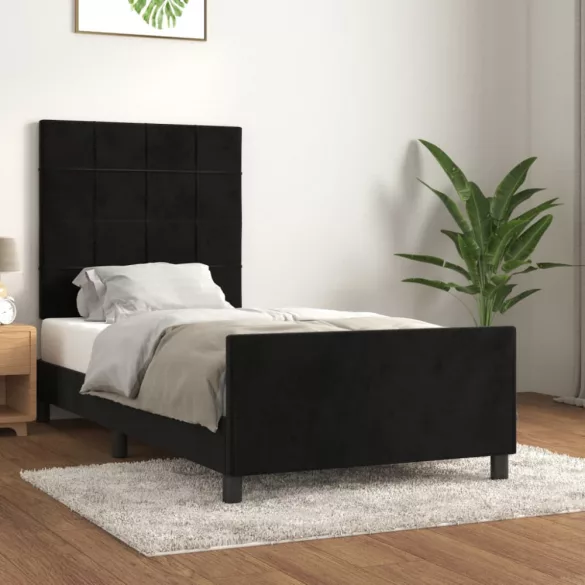 fekete bársony ágykeret fejtámlával 90x200 cm
