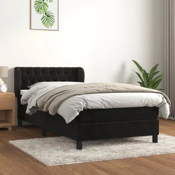 fekete bársony rugós ágy matraccal 90 x 200 cm