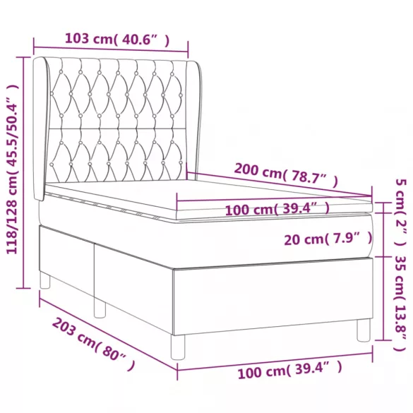 fekete bársony rugós ágy matraccal 100 x 200 cm