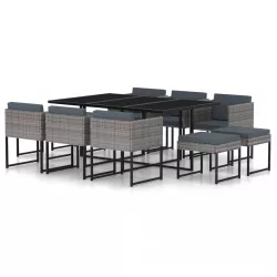   11 részes szürke polyrattan kerti étkezőszett párnákkal