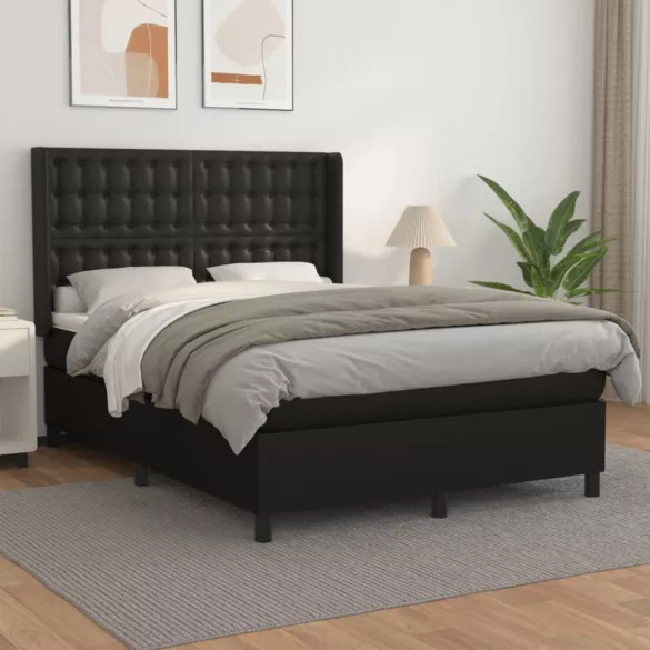 fekete műbőr rugós ágy matraccal 140 x 190 cm
