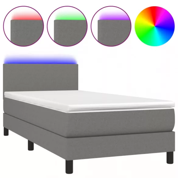sötétszürke szövet rugós és LED-es ágy matraccal 90x190 cm