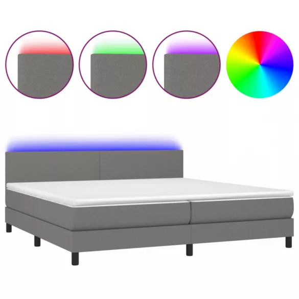 sötétszürke szövet rugós és LED-es ágy matraccal 200x200 cm
