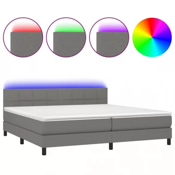 sötétszürke szövet rugós és LED-es ágy matraccal 200x200 cm
