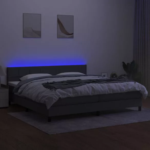 sötétszürke szövet rugós és LED-es ágy matraccal 200x200 cm