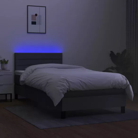 sötétszürke szövet rugós és LED-es ágy matraccal 90x190 cm